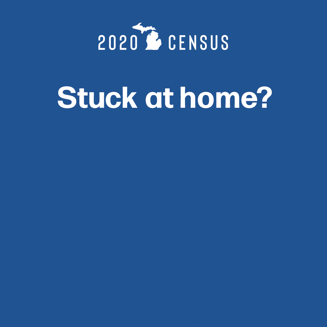 Michigan Census web ad with an illustrated home and apartment building. The text reads, "Stuck at home? Fill out the census."