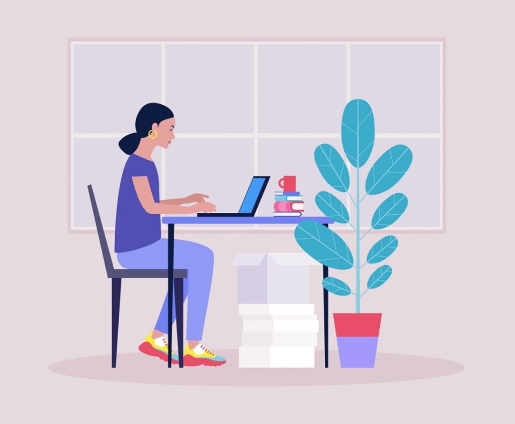 An illustrated woman at a desk using a computer with a houseplant nearby.