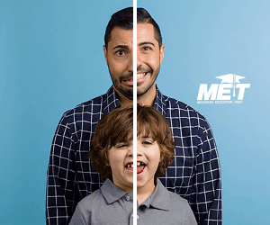 Web ad for MET; two photos of a father and son side-by-side with a line down the center. On the left, they look upset and the text reads, "Giving them a toy." On the right, they looks happy and the text reads, "Giving them a future."
