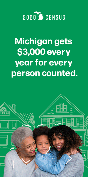 Web banner ad for Michigan Census, the headline reads "Michigan gets $3,000 for every person counted for food assistance, senior services, Medicaid and more."